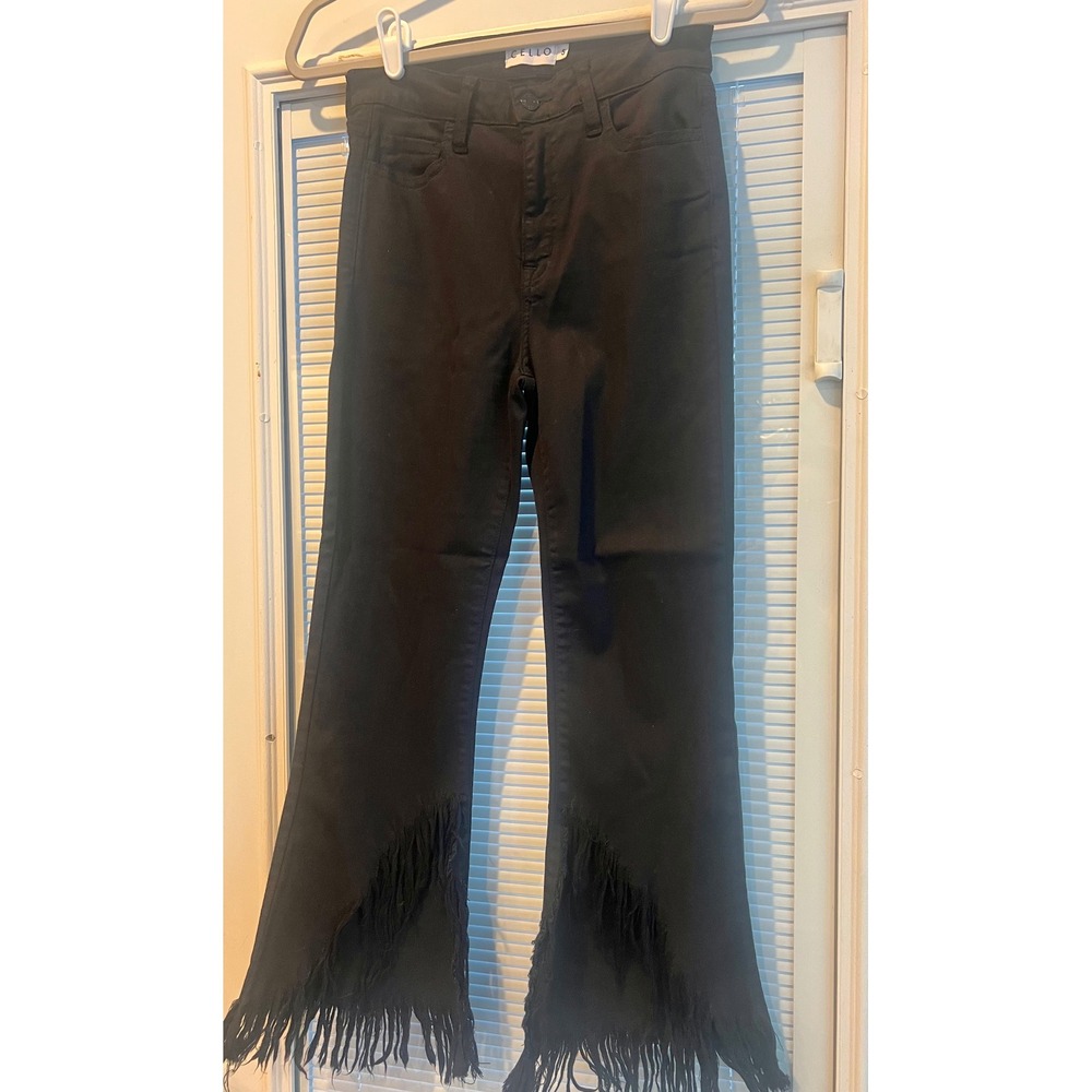 Cello Black Asymmetrical Frayed Hem Boho Stretchy Jeans Size 5